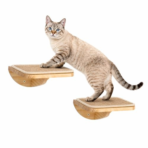 2PC Cat Stairs with Scratching Mat,Wall Mounted Cat Steps, Wooden Climbing Shelves for Cats, Cats Stairway Ladder Furniture for Perch Platform Supplies
