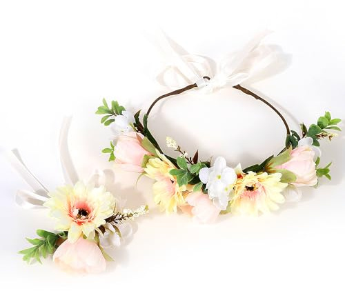 LIULINY 2 Piezas Diadema de Corona de Flor, Corona Floral Ajustable Diadema, Tiara Flores con Flor de Muñeca, Boda Tiara Floral, Guirnalda Tocado Flores para Fiestas Bodas Playa Fotografía (Amarillo)