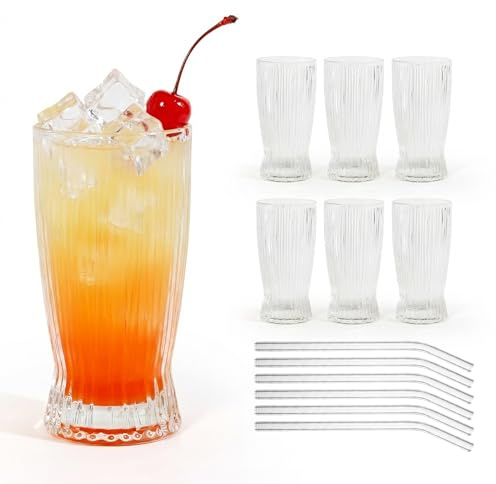 Ribbed Drinking Glasses Set of 6, 12 oz Glasswar and Glass Straws, Clear Water Glasses Kitchen Bar Glassware Set, Great for Cocktail and Other Beverages