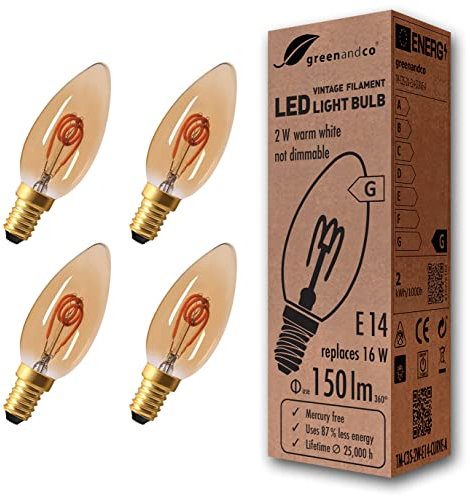 greenandco 4x Bombilla de filamento LED Vintage E14 2W (corresponde a 16W) 150lm 2000K (blanco cálido) 360° 230V vidrio, no regulable