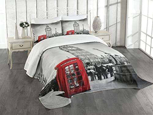 ABAKUHAUS London Tagesdecke Set, Telefonzelle Big Ben, Set mit Kissenbezügen Waschbar, für Doppelbetten 220 x 220 cm, Grau Rot