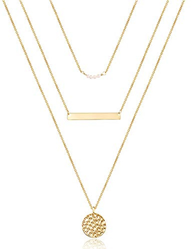 Dainty Layering Simulated Pearls Bar Necklace Hammered Disc Pendant Necklaces Simple Layering Necklace Choker for Women