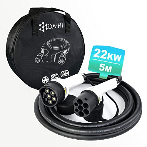 DA • Hi EV Ladekabel Typ 2 22KW 5m 32A 3 phasig für Elektroauto und PHEV kompatibel mit ZOE Model 3/S/X/Y e-tron iX3 Taycan u.a., IP54 weiß/schwarz