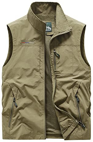 Oralidera Gilet de Pêche Homme Veste Gilet Multipoches Manteau Sans Manche Séchage Rapide Gilet de Chasse Reporter Photographe Randonnée Gilet de Plein air, Kaki, M