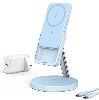 Anker Wireless Charger (MagGo), 633 2-in-1 Wireless Charging Station, Detachable Portable Charger, Only for iPhone 16/15/14/13/12 Series and AirPods Pro (Misty Blue)