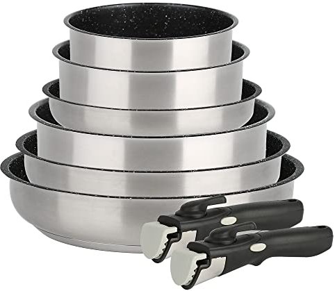 KAMBERG - 0008136 Kochgeschirr-Set 6-teilig – Edelstahl – Steinbeschichtet – für alle Herde, auch Induktionsherde – abnehmbarer Griff – ohne PFOA, Grau, Groß