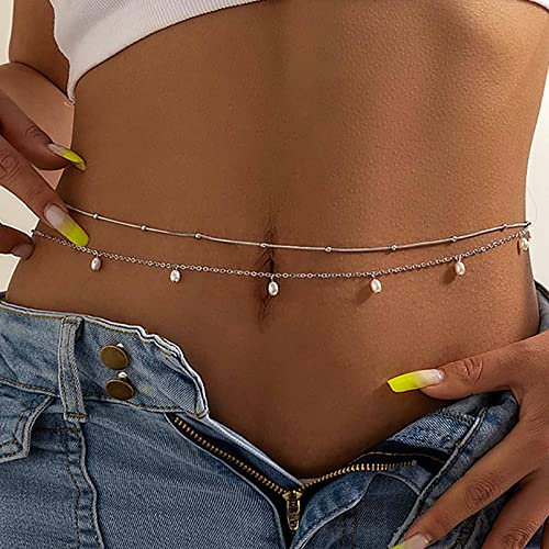 Atentuyi Silberperlen Geschichtet Kette für Taille, Bauch und Körper - Sexy Bikiniaccessoire für Sommer-Strand, Boho-Style (2pcs)