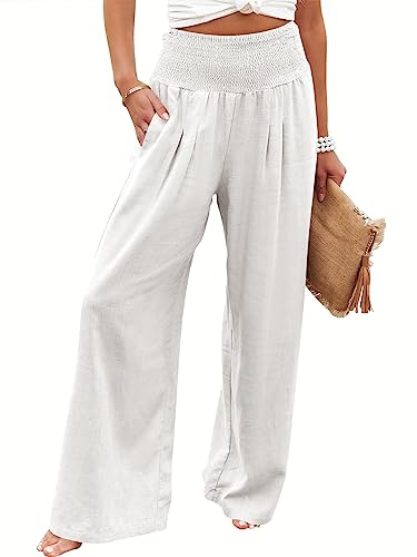 ANRABESS Women Linen Palazzo Pants Summer Boho Wide Leg High Waist Casual Lounge Pant 2026 Beach Travel Vacation Outfits White Medium