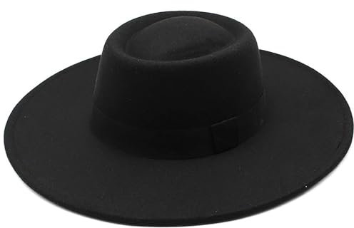 Panama-Fedora-Hut mit breiter Krempe, warmer Filz, flache Oberseite, Pork Pie Cap für Damen und Herren, Größe: M/L, Schwarz, M/L