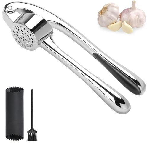 Oumuik Presse-ail, livré avec éplucheur et brosse, outil de cuisine, argenté, avec poignée, outil efficace pour faire de la sauce à l'ail