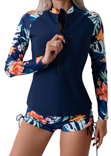 FYMNSI Rash Guard Damen 2 Teilig Bauchweg Badeanzug Langarm UV Shirt Rashguard UPF 50+ Schwimmshirt Rei�verschluss Schnell Trocknender Badeshirt mit Boyshort Surfanzug Bademode Blau + Orange Blumen M