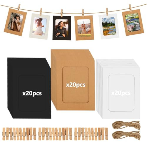 DAJAVE 60 Stück Fotogirlande 10x15 cm Fotorahmen Papier, Fotoleine mit klammern 10x15 cm Bilderrahmen Papier Zum Hinstellen, Foto Netz Klassenraum-Mit Holzklammern und Hanfseilen Cardboard