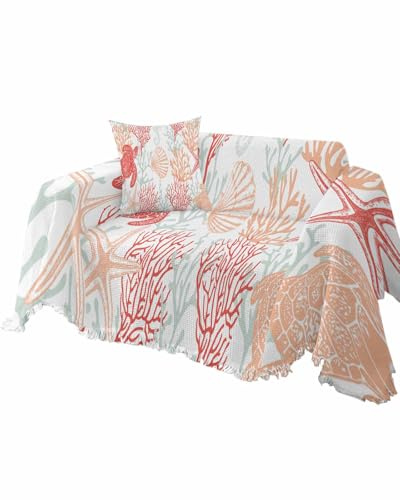 Orange Coral Sofa Couch Covers for Dogs, Washable Sofa Throw Cover Single Slipcovers for Armchair with Tassels, Coastal Nautical Summer Beach Turtle Starfish Couch Protector Towel Blanket M 71''x91''