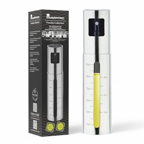 MasterPro FOODIES | Pulverizador de Aceite 110ml | Acero Inoxidable | Recargable y Antigoteo | Fácil de Usar y Limpiar | Accesorio para Freidora de Aire Dosificador Aceite