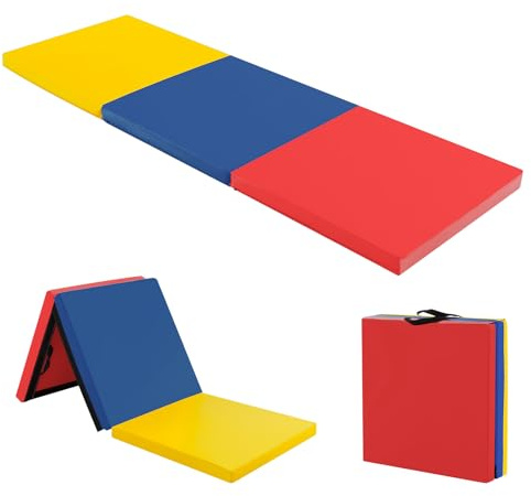 COSTWAY 180 x 60 x 5 cm Colchoneta de Gimnasia Plegable, Esterilla de Gimnasia con Superficie Impermeable y Algodon Perlado, Estera Suave de Yoga con 2 Asas para Niños Adultos (Rojo, amarillo y azul)
