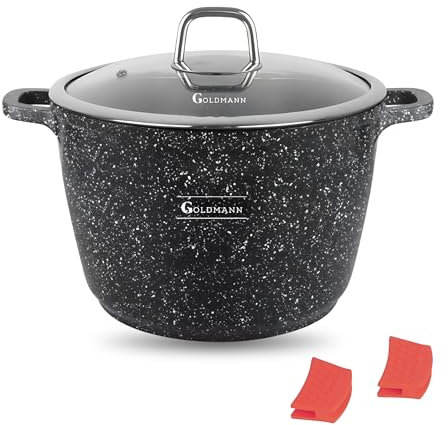 GOLDMANN 24 CM - 6.2L - Aluguss-Kochtopf/Suppentopf mit Glasdeckel und Silikongriffen, Marmor-Keramik-Antihaftbeschichtung, für alle Herdarten inkl. Induktion, spülmaschinenfest & PFOA-frei