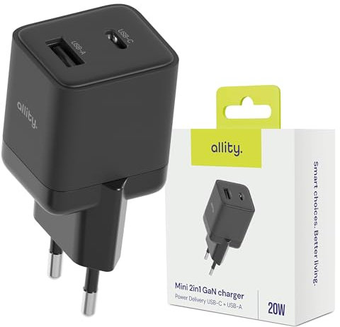 Allity Chargeur Secteur 20W USB-C + USB-A, Charge Rapide Power Delivery et Quick Charge, Ultra Compact, Noir, Compatible Smartphones, Tablettes et Appareils USB, Protection Avancée Contre Surchauffe