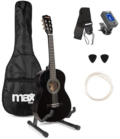 MAX SoloArt Junior 3/4 Guitarra Clásica para Niños - Set Completo con Funda Mochila, Afinador Clip, Soporte MAX GP20, Cuerdas Nailon y Accesorios - Ideal para Principiantes de 8 a 12 Años