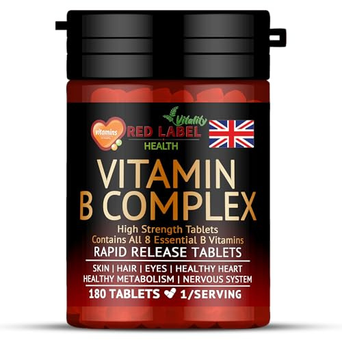 Red Label Health Vitamin B Complex High Strength 180 Tablets (6 Month Supply) - B1, B2, B3, B5, B6, B12, Biotin & Folic Acid for Men & Women, Vegan & Vegetarian-Friendly