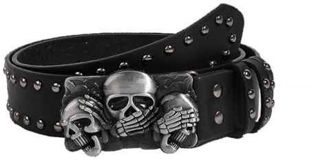 Zac's Alter Ego Black PU Studded Belt with Triple Skulls & Skeleton Hands Buckle - Gothic Fashion Alternative Belt