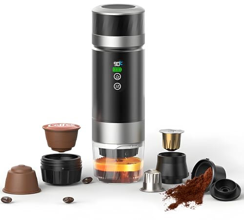 Macchina da Caffè Espresso Elettrica Portatile, Caffettiera da Viaggio 20 Bar per il Campeggio, Auto-Riscaldante, 3 in 1 Compatibile con caffe Macinato e Capsule NS, Serbatoio Dell'acqua da 80 ml