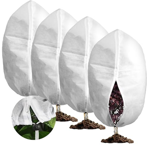 Housse Hivernage Plante, Lot de 4 Voile Hivernage Plante Exterieur 60x80cm Avec Fermeture Éclair et Cordon de Serrage, 70g/m² Housses de Protection pour Plantes, Anti-Gel et Intempéries, Réutilisable