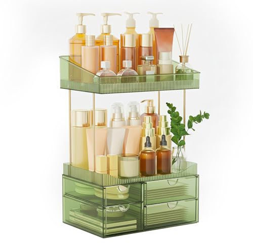 SNSLXH 4 Drawers Makeup Organizer - 4 Tier Makeup Storage, Cosmetics Organiser, Ideal for Cosmetic, 4 Dividers with Drawers for Countertop, Bathroom, Office Supplies, Dresser Transparent Green