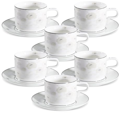 fanquare Tazza da Tè Floreale in Argento e Piattino Set di 6 Eleganti Tazze da Caffè in Porcellana Britannica Regalo per il Tè Pomeridiano 220ml