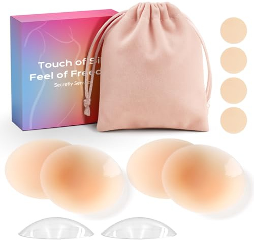 2 Paires Cache-Tétons Femme Invisibles, Nipple Cover Imperméable Réutilisable, Soutien Gorge Adhésif avec Pochette de Rangement Champagne