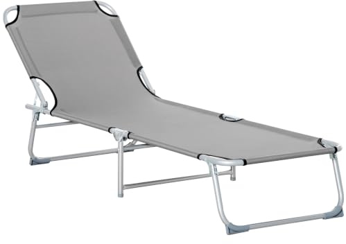 Outsunny Reclining Sun Lounger Chair Folding Camping Bed for Travel Grey | 4-Position Adjustable Backrest, Fold up, Garden, Indoor Outdoor, Office, Fishing