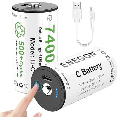 ENEGON Pilas Recargables D 1,5V 4 Unidades – 9250mWh Pilas de Litio LR20 con Cable USB-C (5V Carga) para Camping, Lámparas LED y Luces de Emergencia