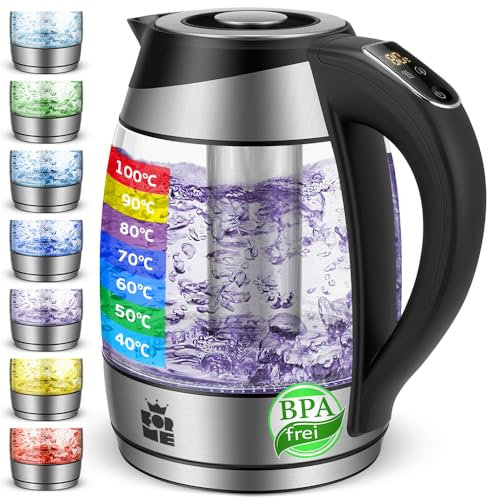 FOR ME Bouilloire Électrique en Verre Filtre à thé amovible 1.8L, Contrôle de la Température, Température Réglable à Partir de 40°C à 100°C, LED 7 Couleurs, Fonction de Maintien au Chaud, Sans BPA