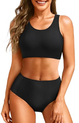 Tempt Me Women Two Piece Black High Waisted Bikini Set Sporty Swimsuits Bathing Suit with Bottom for Teen Girls L