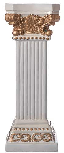 Decorative Modern Fiberglass White and Gold Plinth Roman Style Column Ionic Pedestal Vase Stand for Wedding, Living Room, or Dining Room, 32 inch