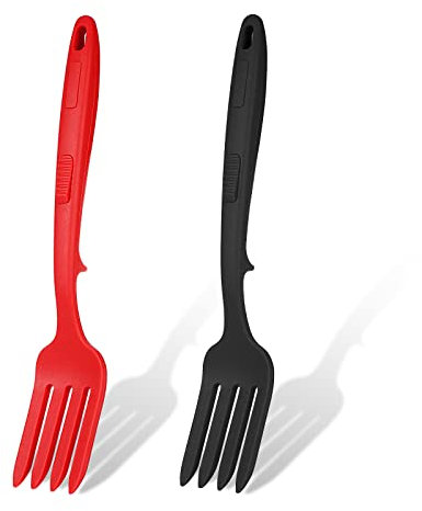 KINBOM 2pcs Silicone Flexible Forks, Silicone Cooking Fork Heat Resistant, Multifunctional Nonstick Blending Fork for Cooking Utensil for Kitchen Stir Mix Mash (Red, Black)