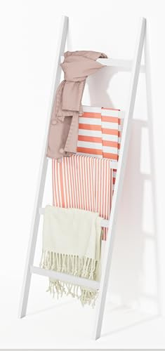 WTZ Bamboo Blanket Ladder, 5-Layer Towel Racks, Blanket Holder with Anti-Slip Construction Home Decor, Decorative Blanket, Quilt, Towel, Scarf Ladder Shelves for Livingroom, Bedroom, Bathroom, White