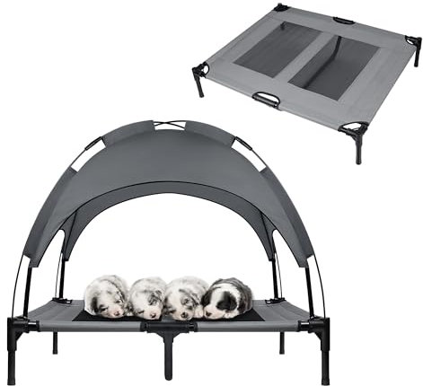 SUBTLETY Erhöhtes Hundebetten 92x76x92cm Hundeliege Hundezelt mit Sonnensegel Dach & rutschfeste Füßen & Atmungsaktivem Mesh Haustierbett Outdoor Tragfähigkeit bis 50KG für Garten Camping Reisen