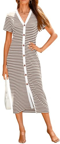 BTFBM Women Casual Summer Dresses Short Sleeve Striped Midi Dresses Decorative Button Ribbed Knit Party Dress(Brown,Small)