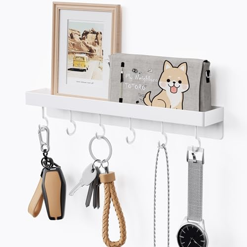 niffgaff White Key Holder Wall Mount, Stainless Steel Self Adhesive Hooks Rack with Shelf, No Drill Key Hanger for Door and Wall