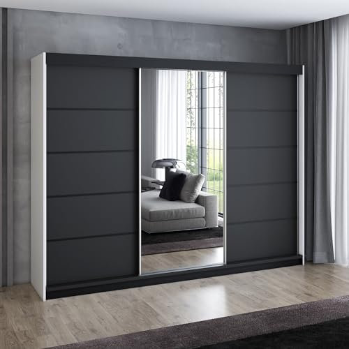 A&J MöbelLand Schwebetürenschrank VILANO 4 Kleiderschrank 3-türig 200 cm mit Spiegel, 4 Schubladen & 2 Kleiderstangen, Geräumiger Schlafzimmerschrank (Weiß/schwarz)