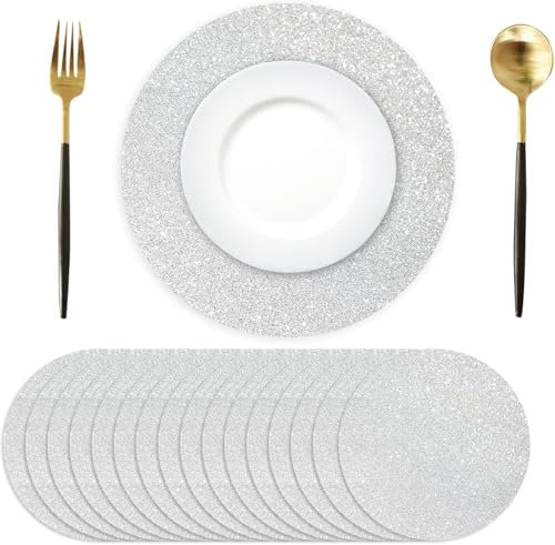 50 Stück Silber Papier Platzsets, rund, 35 cm, Glitzerpapier-Tischsets Silber, rund Einweg-Tischsets Dekorative für Esstisch, Hochzeit, Geburtstag, Party