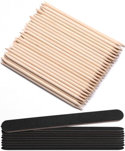 Borogo 110 PCS Orange Wood Nail Sticks & Professional Double Sided 100/180 Grit Nail Files Emery Board Black Manicure Pedicure Tool