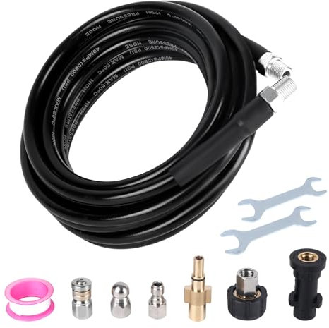 30M/100FT Pressure Washer Hose, Replacement for Karcher and Bosch Pressure Washer, 400Bar/5800PSI Drain Jetter Pressure Washer Extension Hose Includes 4 adapters, 2 Nozzles Kink Resistant (30M/100 FT)