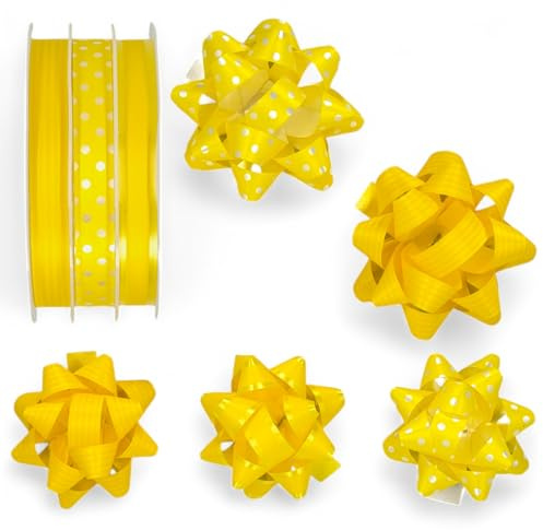 Set di raccoglitori ad anelli, in poli, per regali, per fai da te e imballaggi, colori brillanti e opachi (giallo, 3 rotoli di nastro regalo + 5 fiocchi regalo)