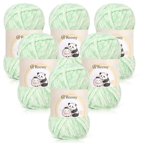Reessy Chenille Yarn 600g, Chunky Wool for Knitting&Crochet-Light Green | Super Soft Fluffy Velvet Yarn, Chunky Knitting Wool Thick Yarn for Crochet Blanket, Amigurumi, Handbag, Hat, DIY Crafts