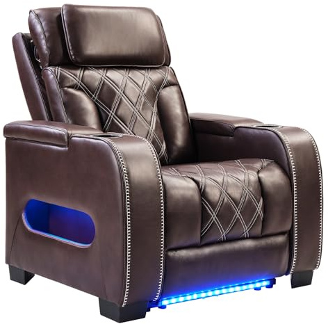 CANMOV Electric Power Recliner Chair, PU Leather Home Theater Seating with Power Headrest, Electric Recliner Sofa Chair with Ambient Lighting,Cup Holders,USB & Type C Ports, Armrest Storage,Brown