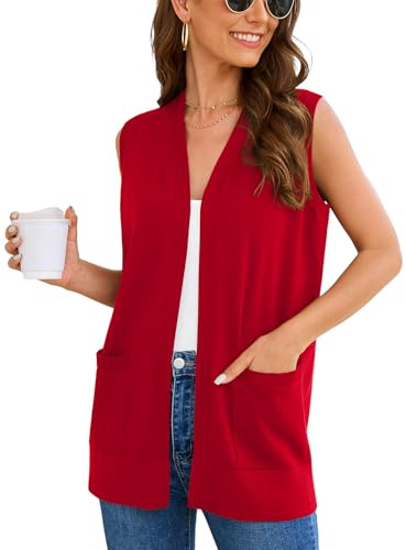 Wiwclo Veryoung Women's 2026 Sleeveless Cardigan Sweaters Fashion Casual Soft Knit Business Sweater Vest with Cozy Pockets, Red, XX-Large