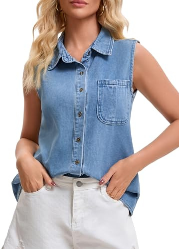 CIMUK Débardeur en Jean Femme sans Manches à Col Boutonné et Poches | Style Chemise en Denim