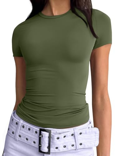 Cuptacc Camiseta Manga Corta Mujer Slim Fit Básica Camisetas para Mujer Y2K Top Verde Militar TikTok Party Streetwear Talla XS 32-34