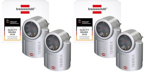 Brennenstuhl Primera-Line Adaptador de Enchufe con protección contra sobretensiones Set de 2 (Adaptador como protección contra Rayos para aparatos eléctricos) Plateado/Negro (Paquete de 2)